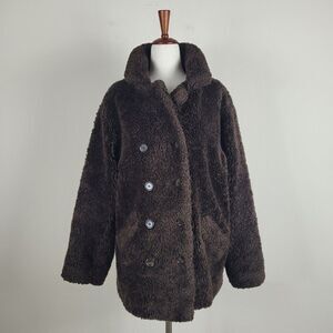 Vintage Gap Coat Women XXL Brown Faux Fur Teddy Double Breasted 90s Y2K Jacket